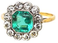 Early 20th Century 18ct Gold & Platinum, Emerald & Diamond Cluster Ring