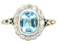 Edwardian Platinum Aquamarine & Diamond Cluster Ring