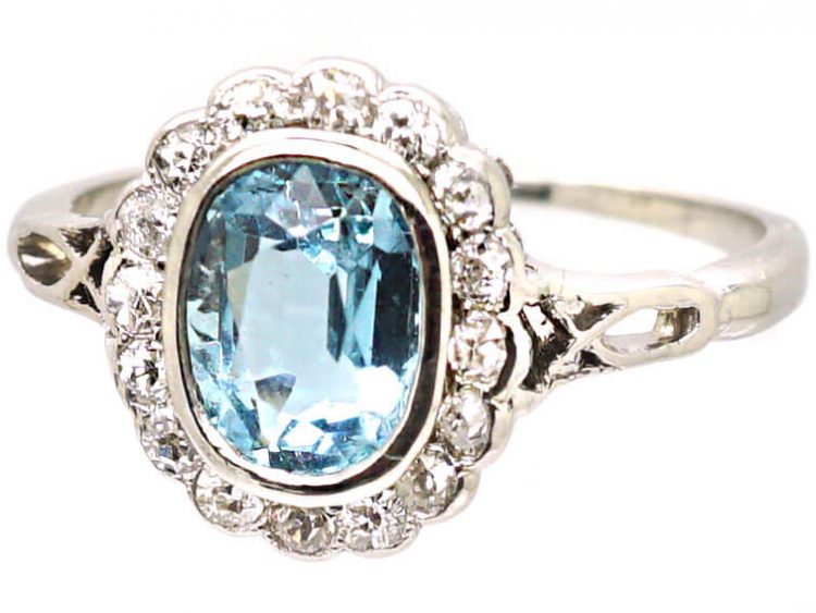 Edwardian Platinum Aquamarine & Diamond Cluster Ring