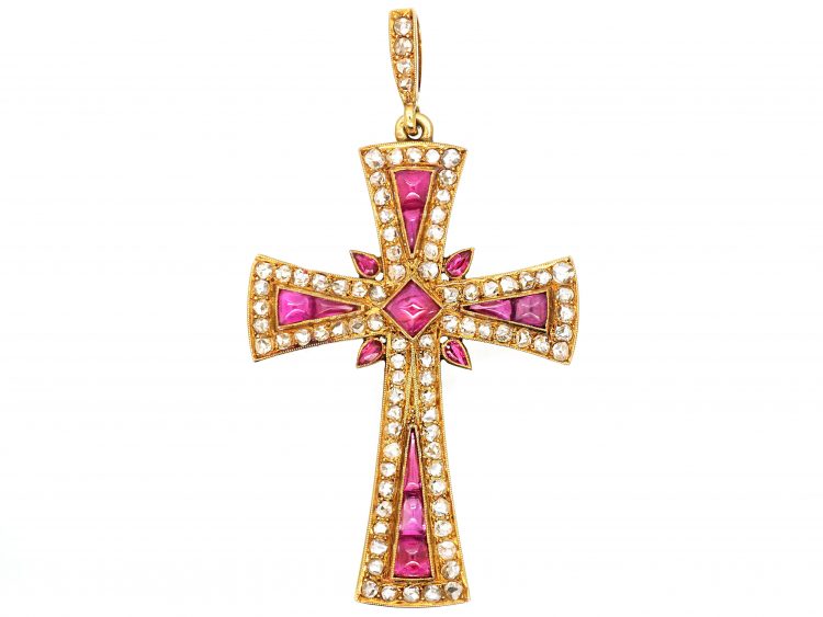 Late 19th Century French Import 18ct Gold Ruby & Diamond Cross