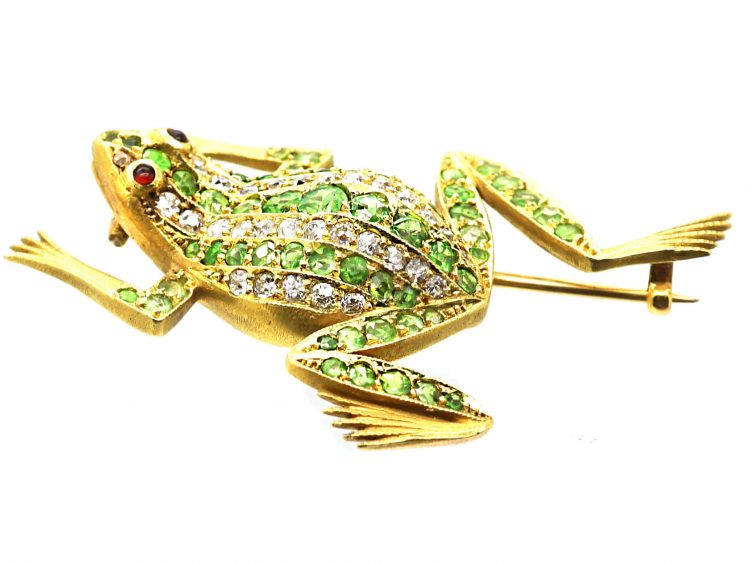 Edwardian 18ct Gold Frog Brooch set with Green Garnets & Diamonds