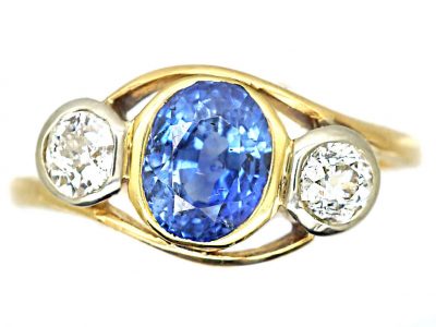 Edwardian 18ct Gold & Platinum, Sapphire & Diamond Three Stone Crossover Ring