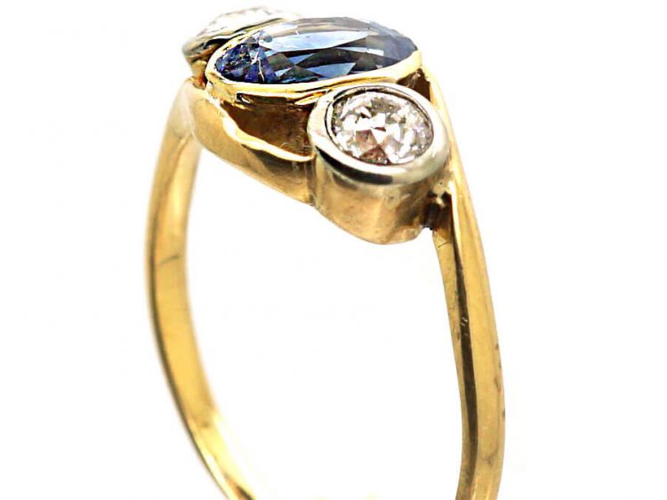 Edwardian 18ct Gold & Platinum, Sapphire & Diamond Three Stone Crossover Ring