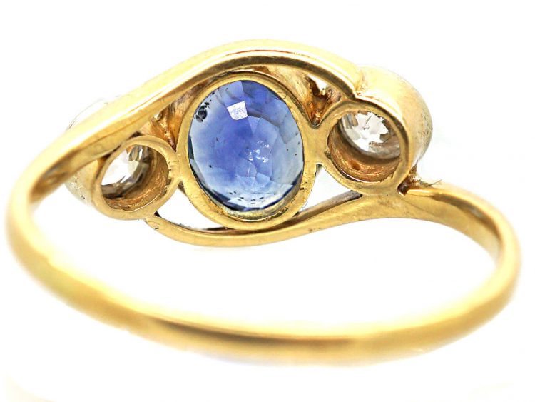 Edwardian 18ct Gold & Platinum, Sapphire & Diamond Three Stone Crossover Ring