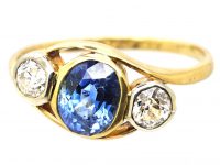 Edwardian 18ct Gold & Platinum, Sapphire & Diamond Three Stone Crossover Ring