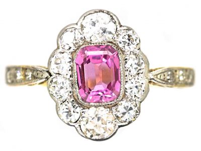 Edwardian 18ct Gold & Platinum, Pink Sapphire & Diamond Cluster Ring