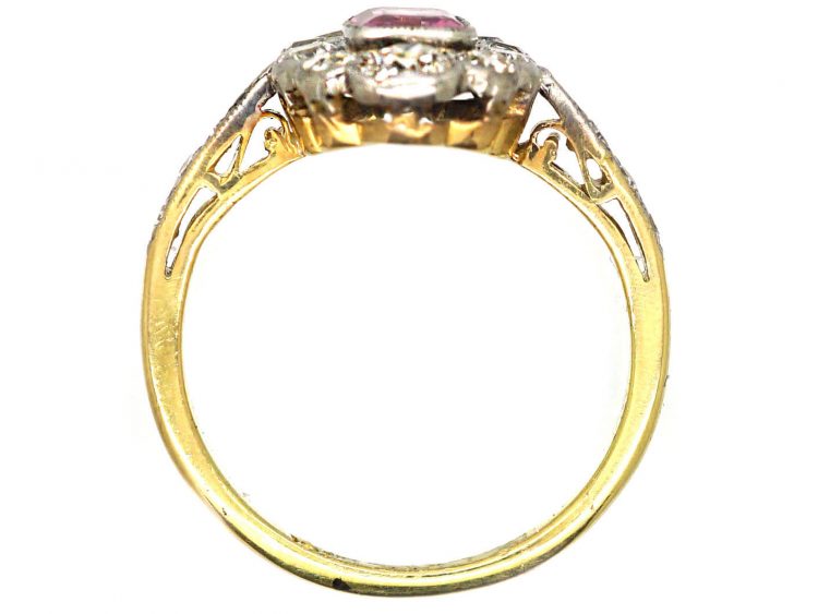 Edwardian 18ct Gold & Platinum, Pink Sapphire & Diamond Cluster Ring