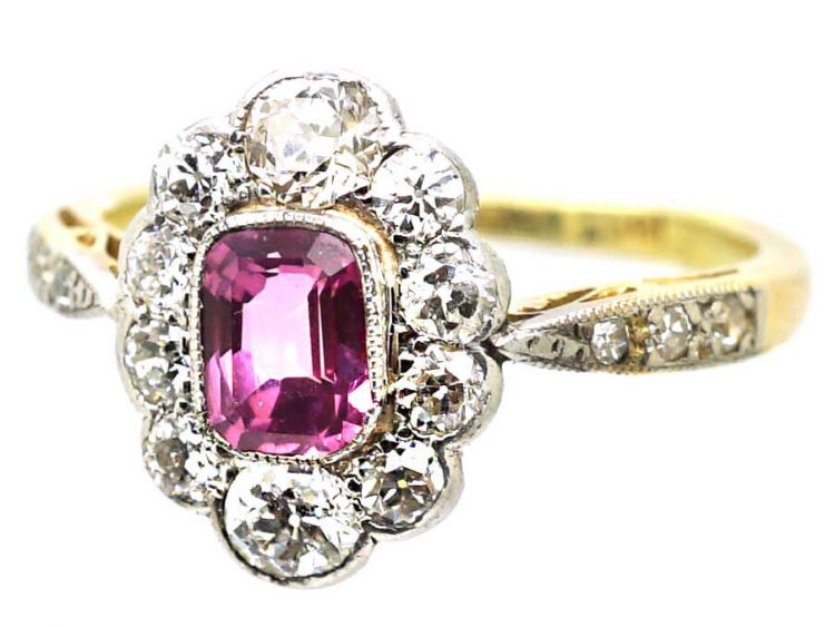 Edwardian 18ct Gold & Platinum, Pink Sapphire & Diamond Cluster Ring