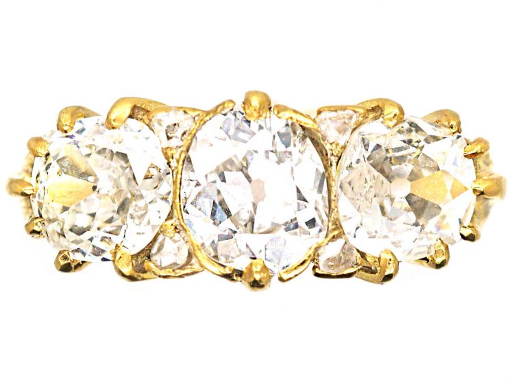 Victorian 18ct Gold, Three Stone Old Mine Cut Diamond Carved Half Hoop Ring