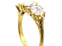 Victorian 18ct Gold, Three Stone Old Mine Cut Diamond Carved Half Hoop Ring