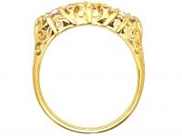 Victorian 18ct Gold, Three Stone Old Mine Cut Diamond Carved Half Hoop Ring