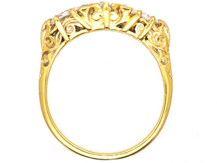 Victorian 18ct Gold, Three Stone Old Mine Cut Diamond Carved Half Hoop Ring