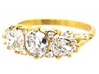 Victorian 18ct Gold, Three Stone Old Mine Cut Diamond Carved Half Hoop Ring