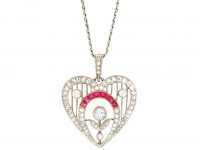 Edwardian 18ct Gold & Platinum Heart Shaped Pendant set with Diamonds & Rubies on Platinum Chain