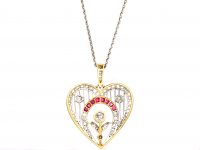 Edwardian 18ct Gold & Platinum Heart Shaped Pendant set with Diamonds & Rubies on Platinum Chain