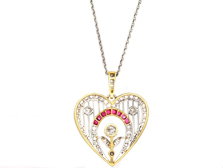 Edwardian 18ct Gold & Platinum Heart Shaped Pendant set with Diamonds & Rubies on Platinum Chain