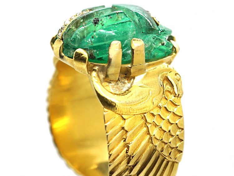 Art Nouveau 18ct Gold Carved Emerald Scarab Ring et with Rose Diamonds