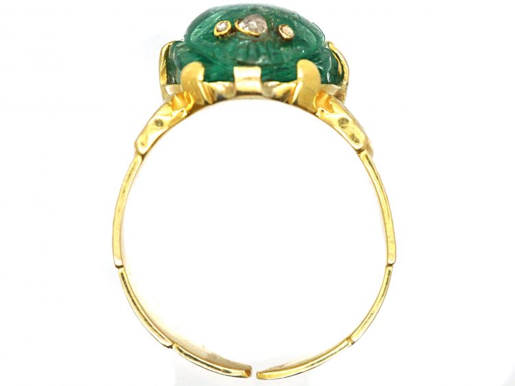 Art Nouveau 18ct Gold Carved Emerald Scarab Ring et with Rose Diamonds