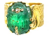 Art Nouveau 18ct Gold Carved Emerald Scarab Ring et with Rose Diamonds