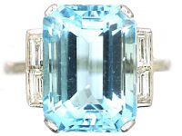 Platinum Large Aquamarine & Diamond Baguette Ring