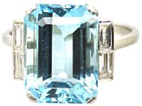 Platinum Large Aquamarine & Diamond Baguette Ring