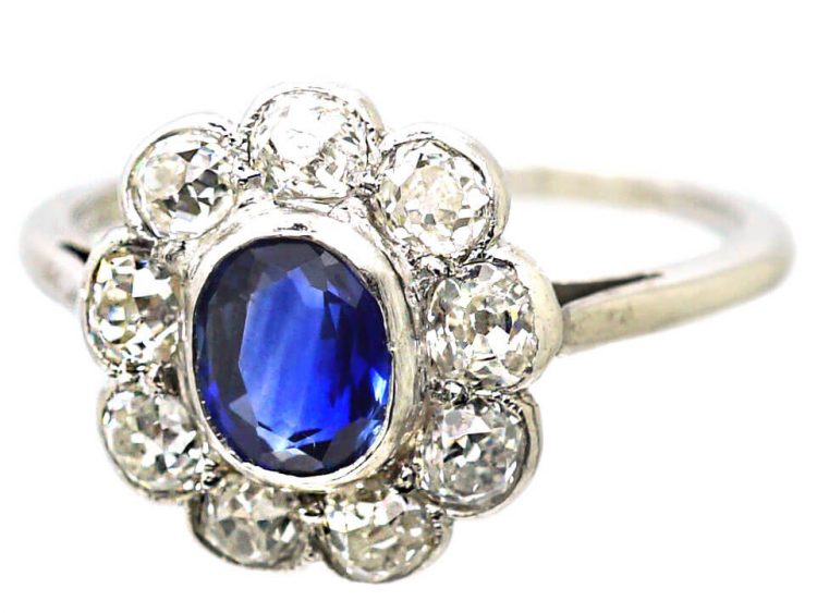 Edwardian Platinum, Sapphire & Diamond Cluster Ring