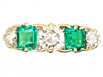 Victorian 18ct Gold Five Stone Emerald & Old Mine Cut Diamond Ring