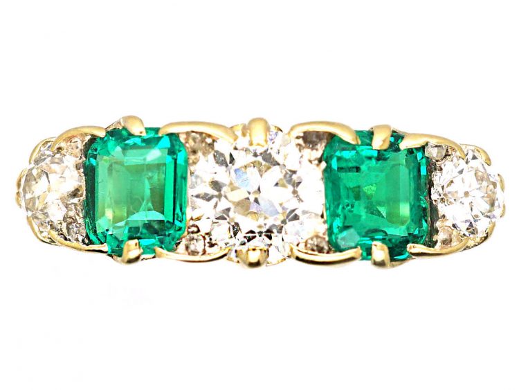 Victorian 18ct Gold Five Stone Emerald & Old Mine Cut Diamond Ring