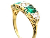 Victorian 18ct Gold Five Stone Emerald & Old Mine Cut Diamond Ring