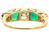 Victorian 18ct Gold Five Stone Emerald & Old Mine Cut Diamond Ring