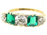 Victorian 18ct Gold Five Stone Emerald & Old Mine Cut Diamond Ring