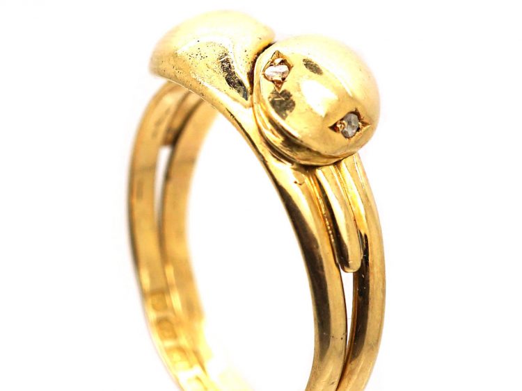 Edwardian 18ct Gold Double Snake Ring with Rose Diamond Eyes