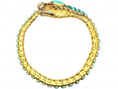 Victorian 18ct Gold Snake Bracelet set with Turquoise, Diamonds & Cabochon Rubies