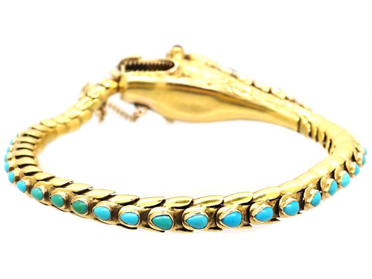 Victorian 18ct Gold Snake Bracelet set with Turquoise, Diamonds & Cabochon Rubies