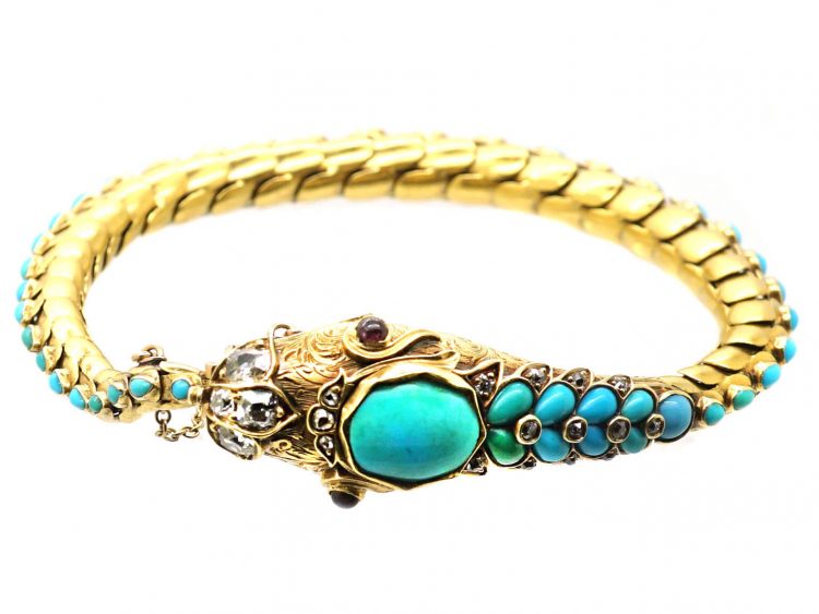 Victorian 18ct Gold Snake Bracelet set with Turquoise, Diamonds & Cabochon Rubies