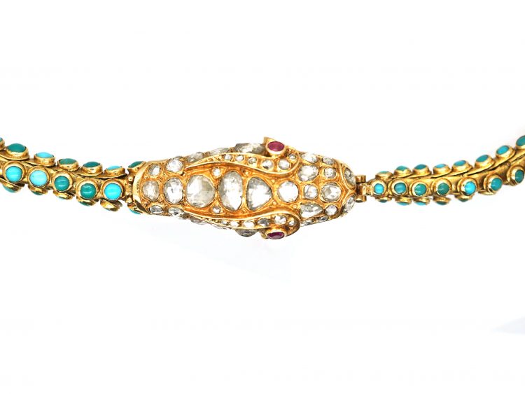 Victorian 18ct Gold Snake Necklace set with Diamonds & Turquoise with Ruby Eyes