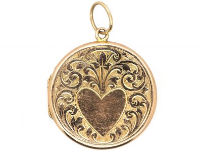 Edwardian 9ct Gold Round Locket with Engraved Heart Detail