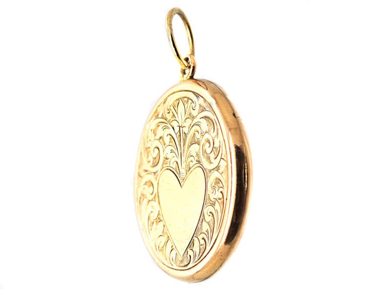 Edwardian 9ct Gold Round Locket with Engraved Heart Detail