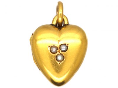 Edwardian 15ct Gold Heart Shaped Locket set with Three Natural Split Pearls