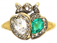 Victorian 18ct Gold Double Heart Ring set with an Emerald & a Diamond