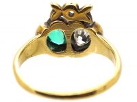 Victorian 18ct Gold Double Heart Ring set with an Emerald & a Diamond