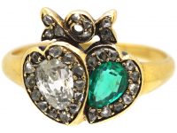 Victorian 18ct Gold Double Heart Ring set with an Emerald & a Diamond