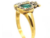 Victorian 18ct Gold Double Heart Ring set with an Emerald & a Diamond