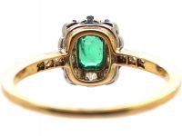 Edwardian 18ct Gold & Platinum, Emerald & Diamond Cluster Ring with Diamond Set Shoulders