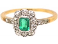 Edwardian 18ct Gold & Platinum, Emerald & Diamond Cluster Ring with Diamond Set Shoulders