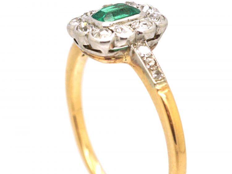 Edwardian 18ct Gold & Platinum, Emerald & Diamond Cluster Ring with Diamond Set Shoulders