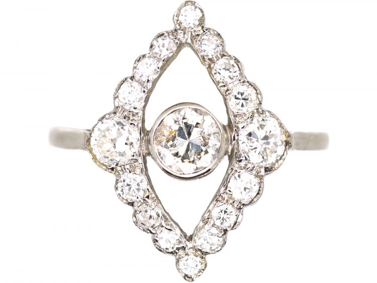 Edwardian Platinum Navette Shaped Ring set with Diamonds