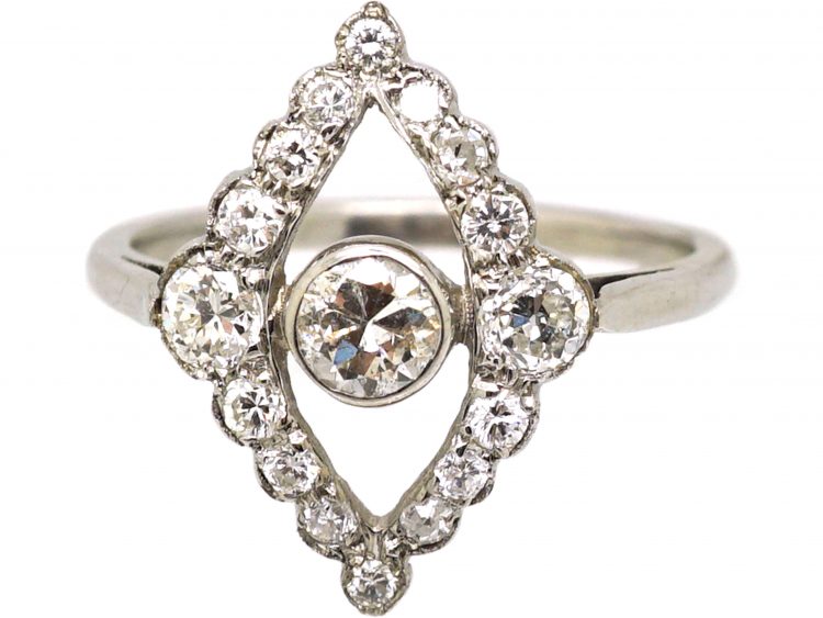 Edwardian Platinum Navette Shaped Ring set with Diamonds