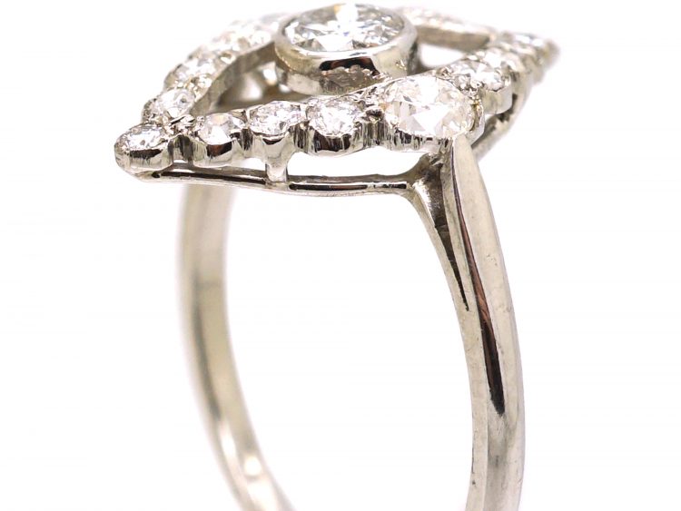 Edwardian Platinum Navette Shaped Ring set with Diamonds