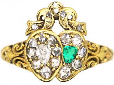 Victorian 18ct Gold Double Heart Ring set with an Emerald & Diamonds